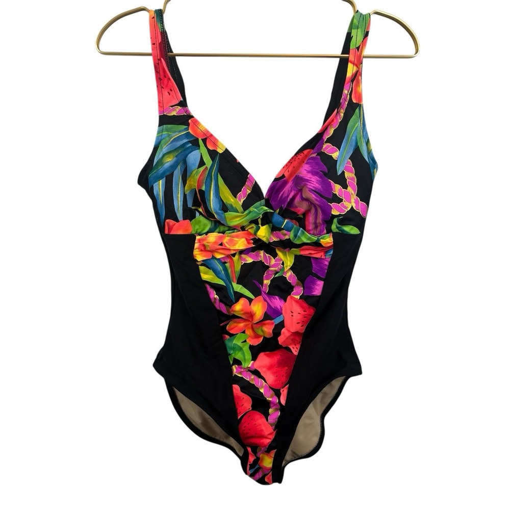 Vintage 80's Deadstock Black Rope Colorful One Piece Swimsuit Size 8
